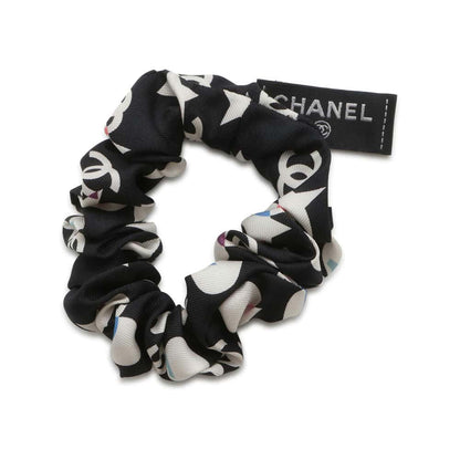 Chanel CC Logo/Star Pattern Scrunchie Scarf Set Black/White/Blue Silk100%