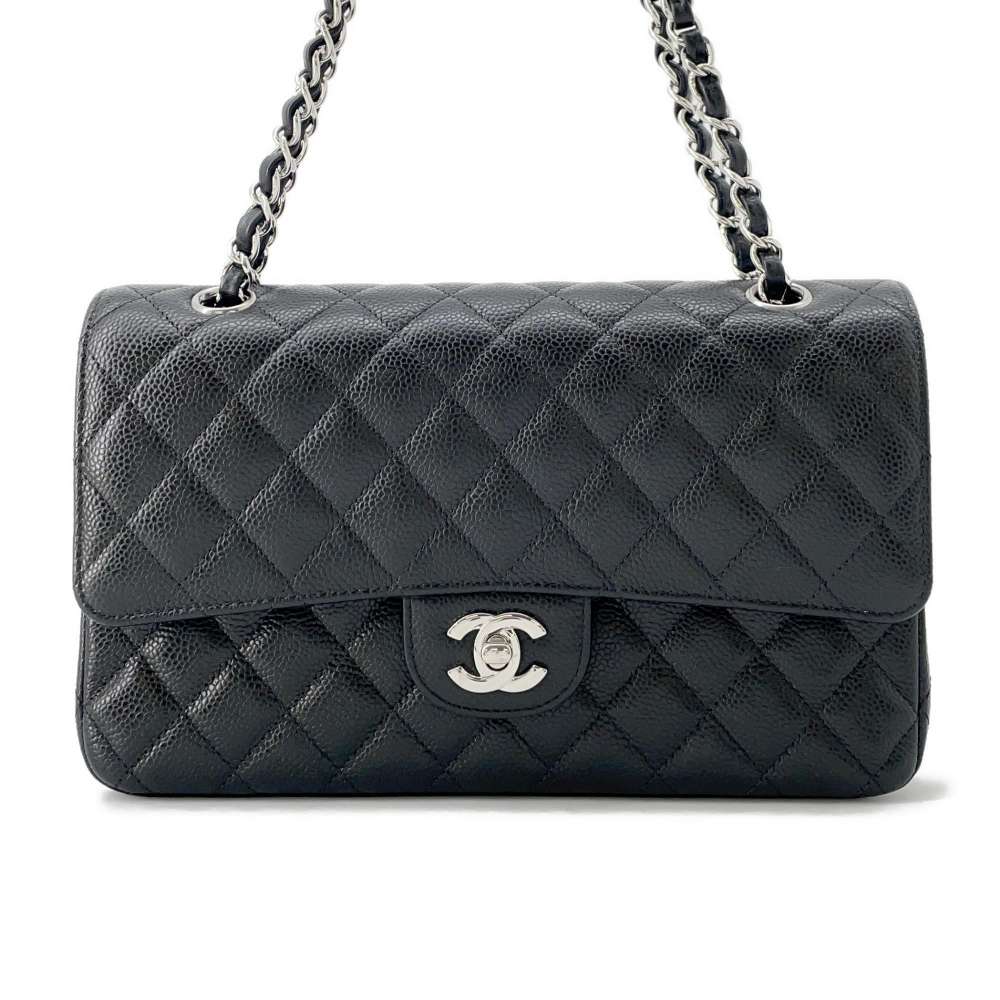 Chanel Matelasse W Flap ChainShoulder Bag Black A01112 Caviar Leather Size 25