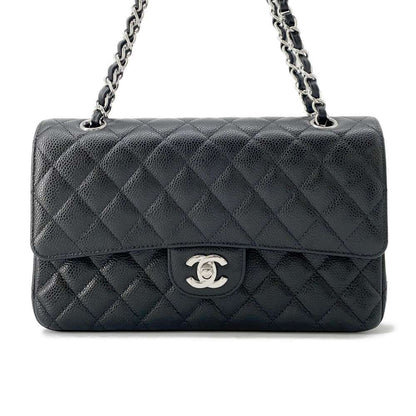 Chanel Matelasse W Flap ChainShoulder Bag Black A01112 Caviar Leather Size 25