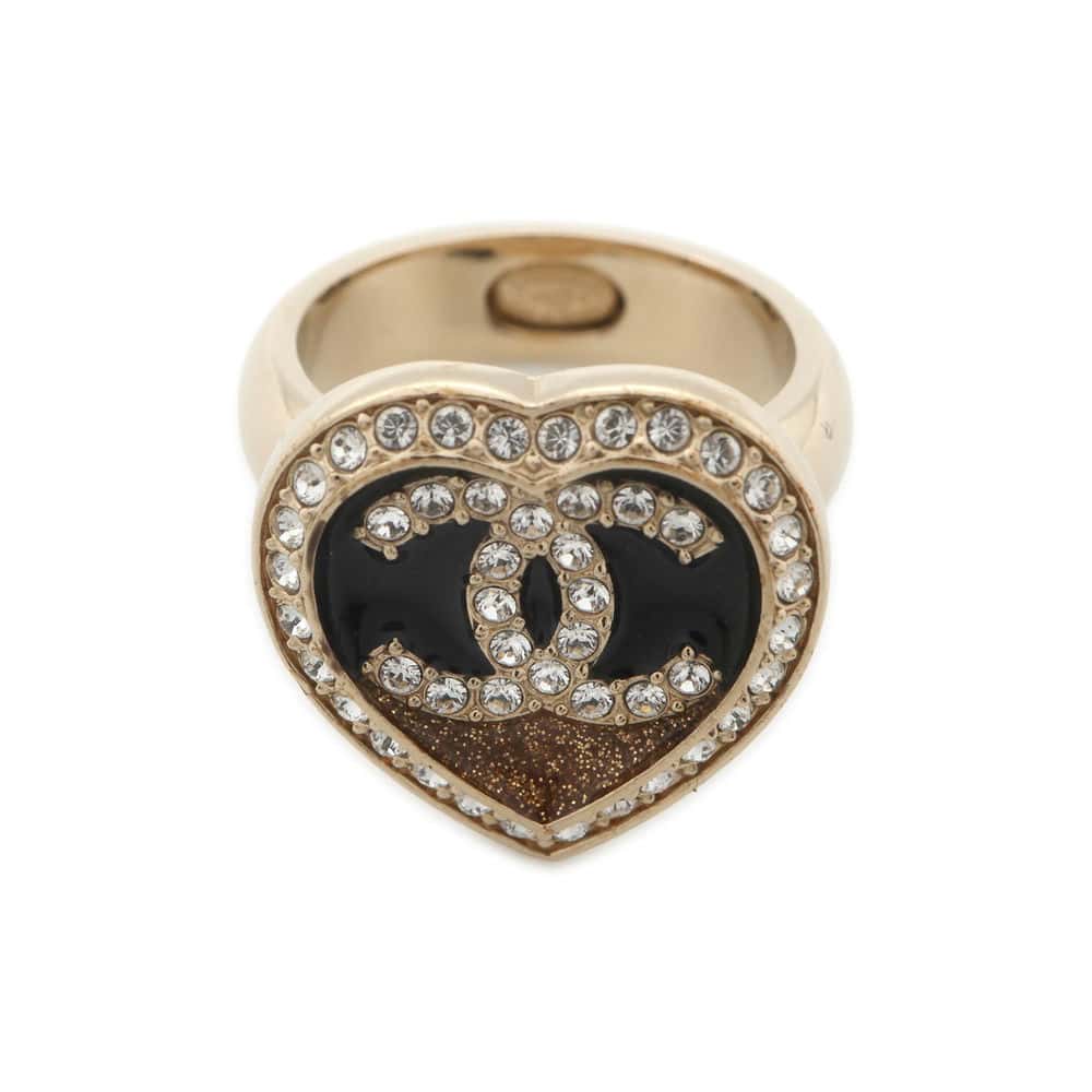 Chanel CC Logo Rhinestone Heart Ring Champagne Gold Metal  Rhinestone