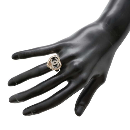 Chanel CC Logo Rhinestone Heart Ring Champagne Gold Metal  Rhinestone