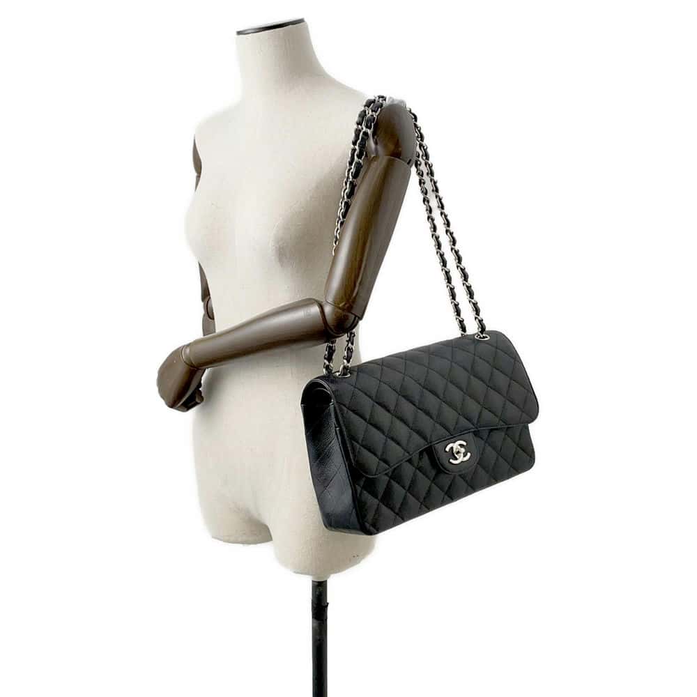 Chanel Matelasse W Flap ChainShoulder Bag Black A58600 Caviar Leather Size 30
