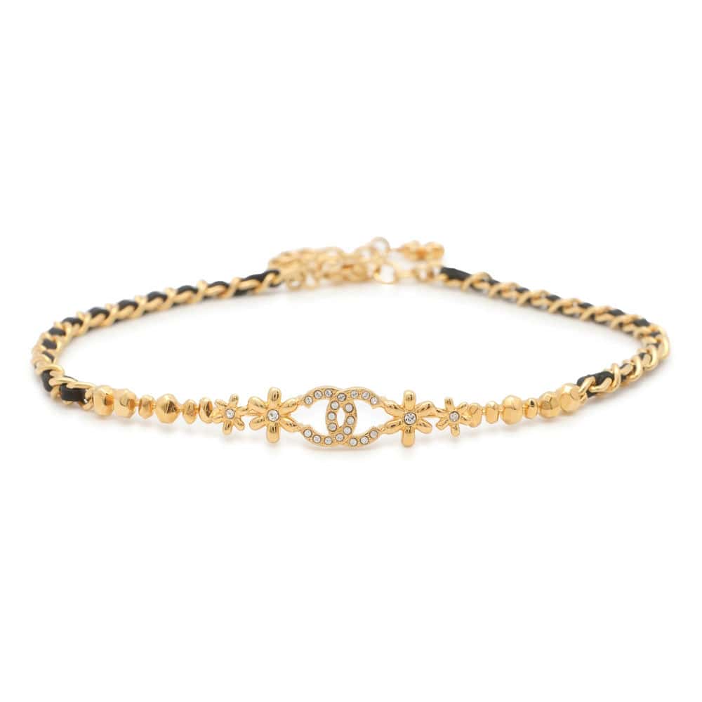 Chanel CC Logo Flower Chain Choker Gold/Black ABB327 Metal Leather Rhinestone