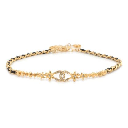 Chanel CC Logo Flower Chain Choker Gold/Black ABB327 Metal Leather Rhinestone
