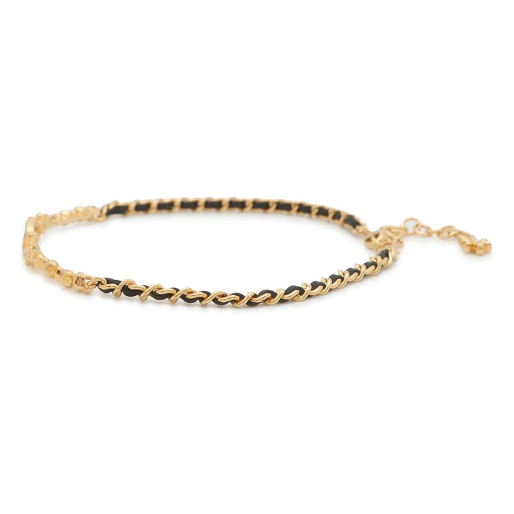 Chanel CC Logo Flower Chain Choker Gold/Black ABB327 Metal Leather Rhinestone