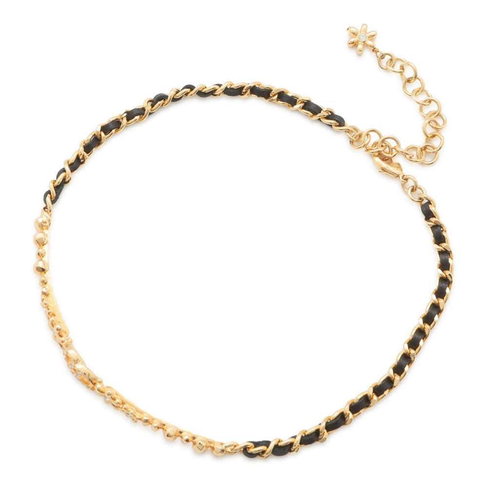 Chanel CC Logo Flower Chain Choker Gold/Black ABB327 Metal Leather Rhinestone