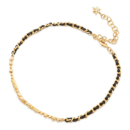 Chanel CC Logo Flower Chain Choker Gold/Black ABB327 Metal Leather Rhinestone