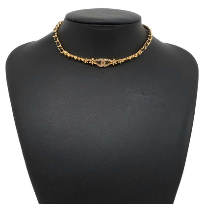 Chanel CC Logo Flower Chain Choker Gold/Black ABB327 Metal Leather Rhinestone