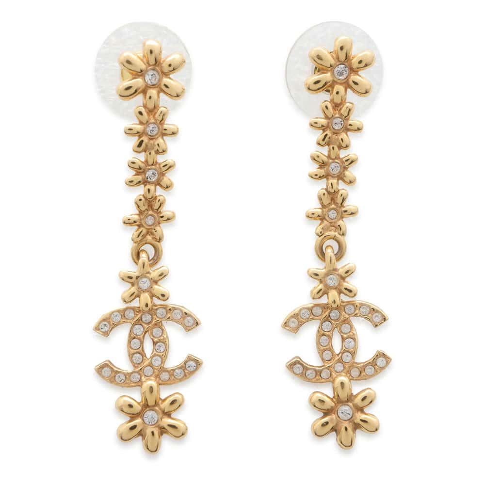 Chanel CC Logo Flower Earrings Gold Metal Rhinestone