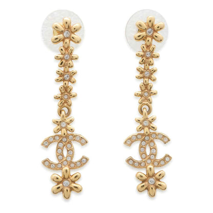 Chanel CC Logo Flower Earrings Gold Metal Rhinestone