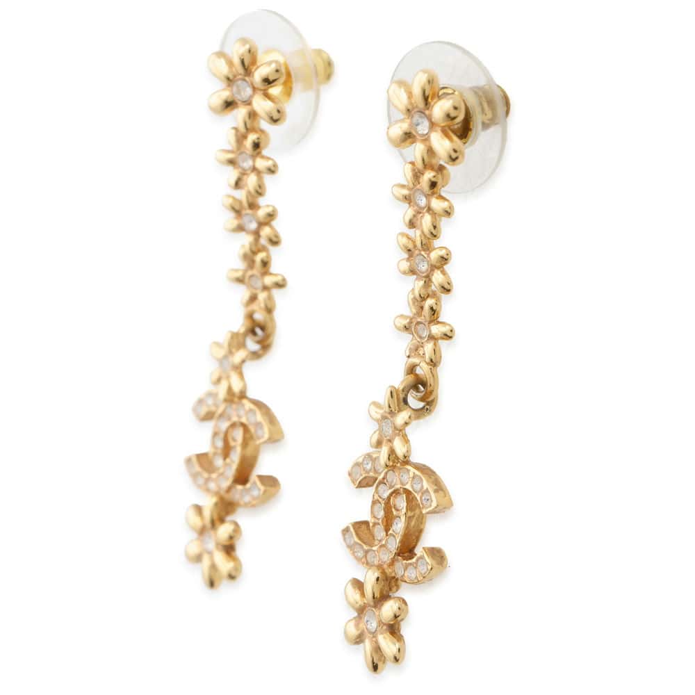 Chanel CC Logo Flower Earrings Gold Metal Rhinestone