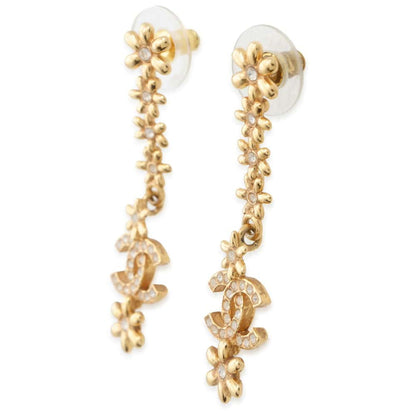 Chanel CC Logo Flower Earrings Gold Metal Rhinestone