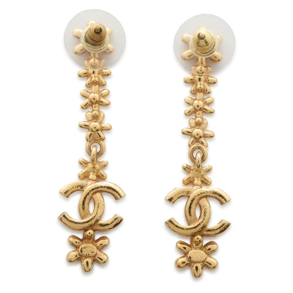 Chanel CC Logo Flower Earrings Gold Metal Rhinestone