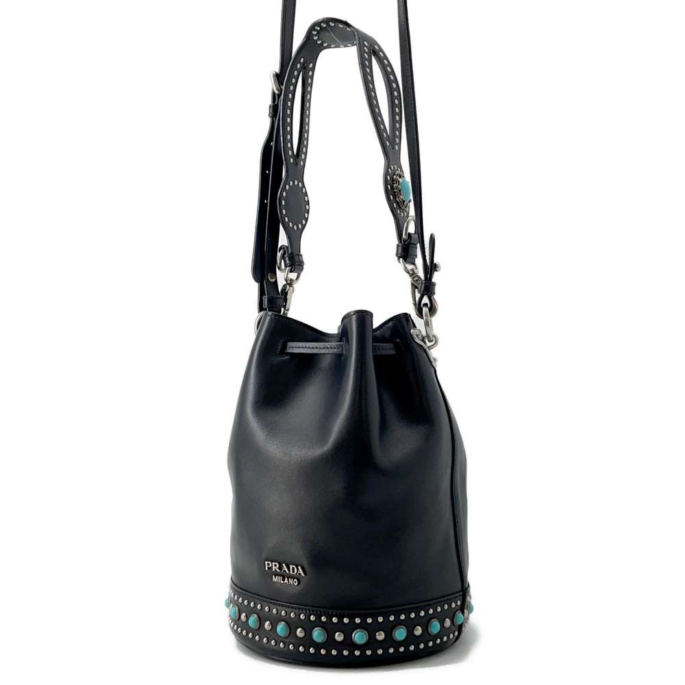 PRADA Stone 2way Bucket Bag Black 1BE011 Leather
