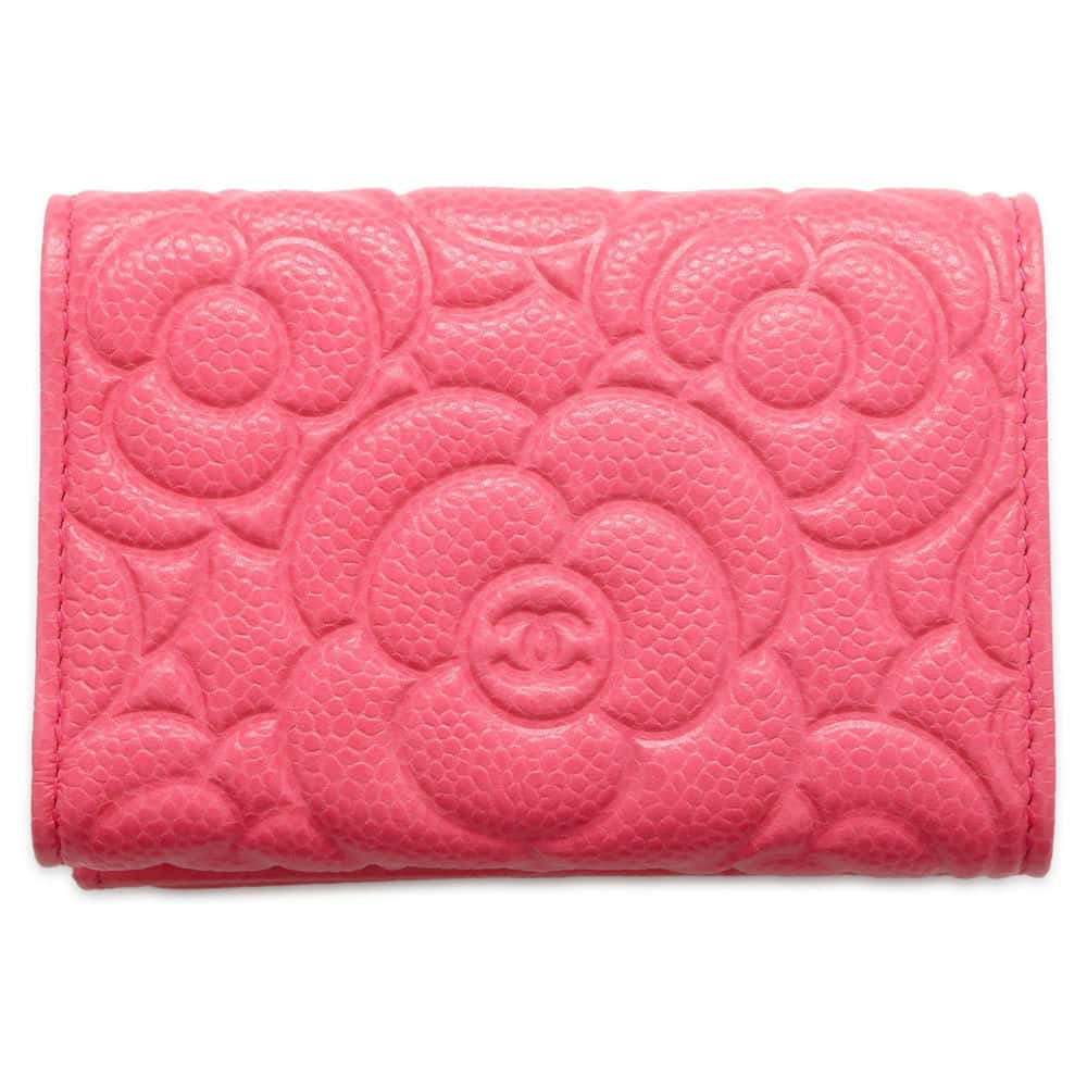 CHANEL Camellia Embossed Flap Tri-Fold Compact Wallet Pink AP0116 Caviar Leather