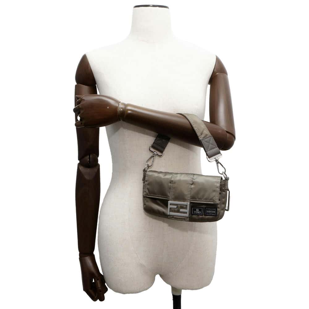 FENDI Porter 25th Anniversary Collaboration Bucket Phone Case 3way Crossbody Bag Khaki 7AS138 Nylon Leather Size Mini