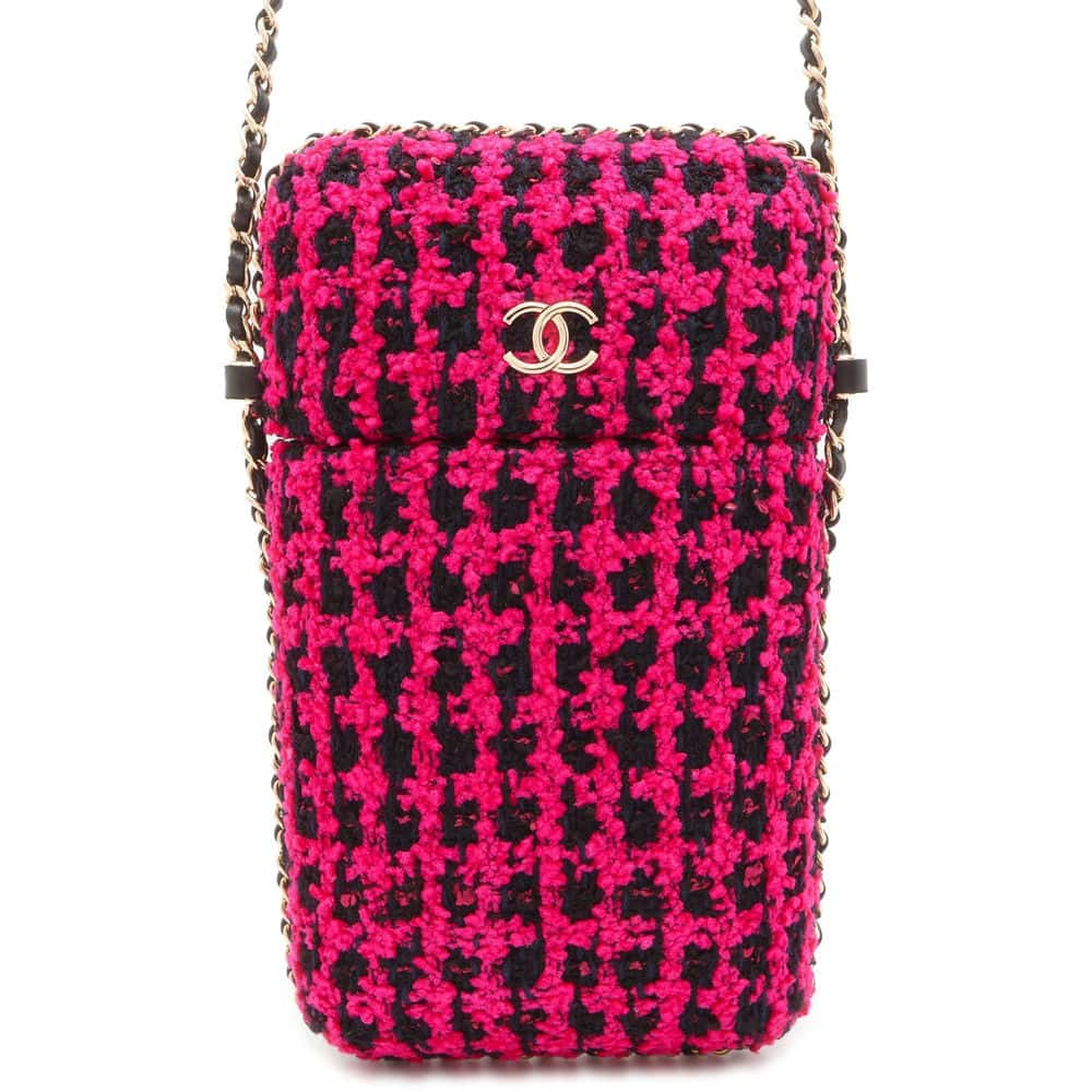 Chanel Phone Holder ChainShoulder Bag Fuschia Pink/Black A94471 Tweed Size Black