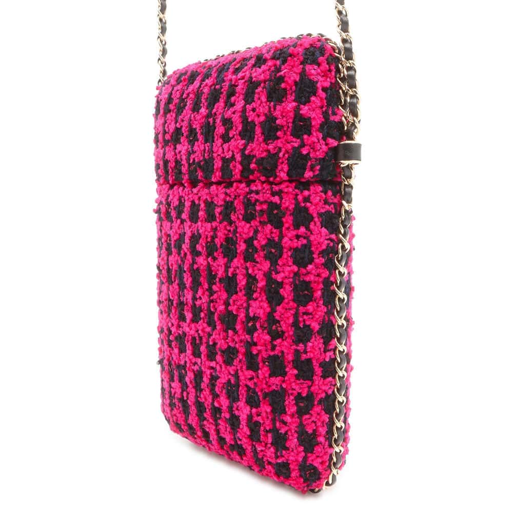Chanel Phone Holder ChainShoulder Bag Fuschia Pink/Black A94471 Tweed Size Black