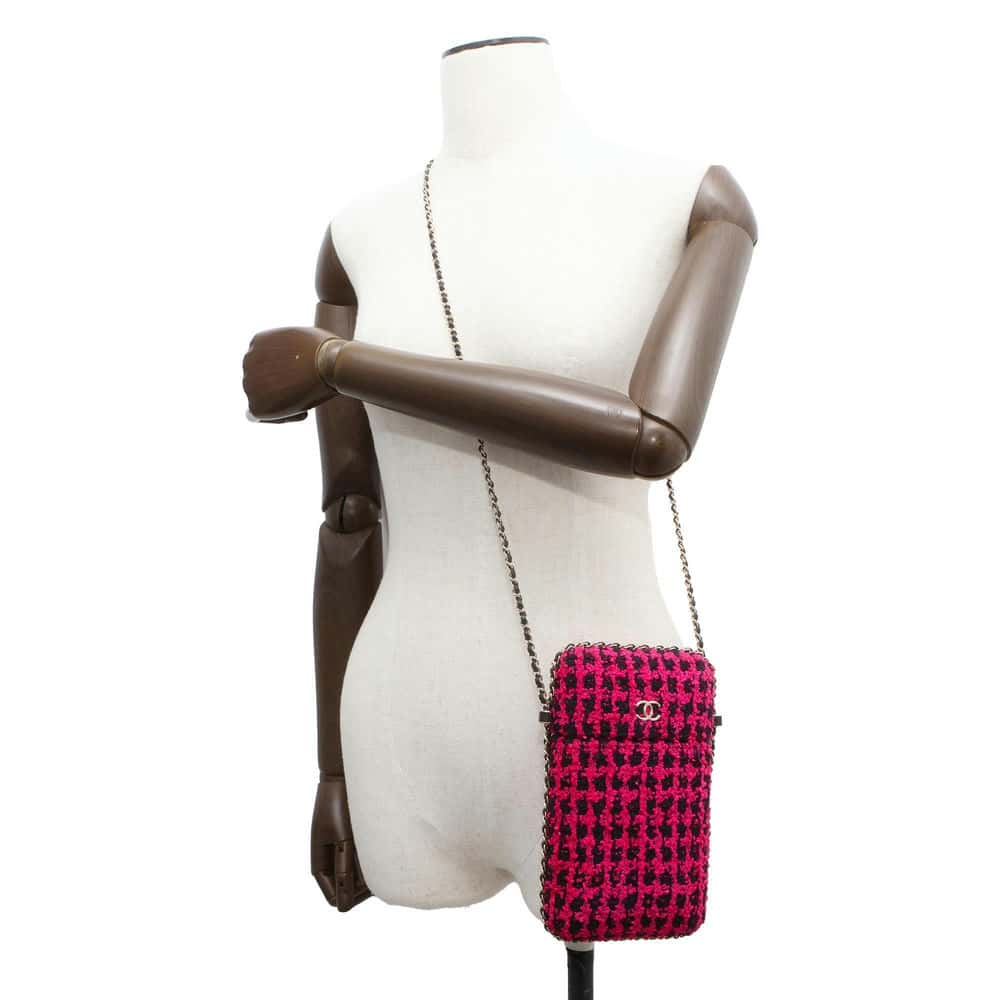 Chanel Phone Holder ChainShoulder Bag Fuschia Pink/Black A94471 Tweed Size Black