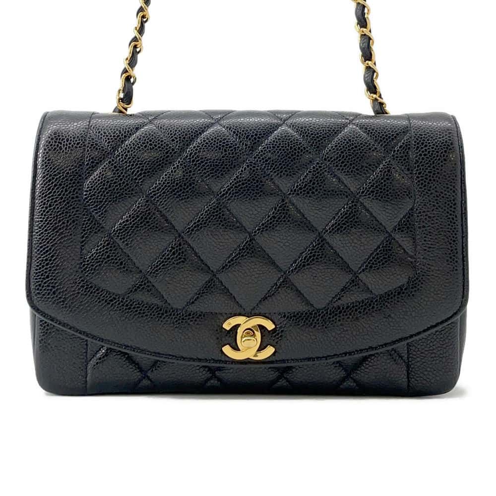 Chanel Diana Single Flap ChainShoulder Bag Black A01165 Caviar Leather Size 25