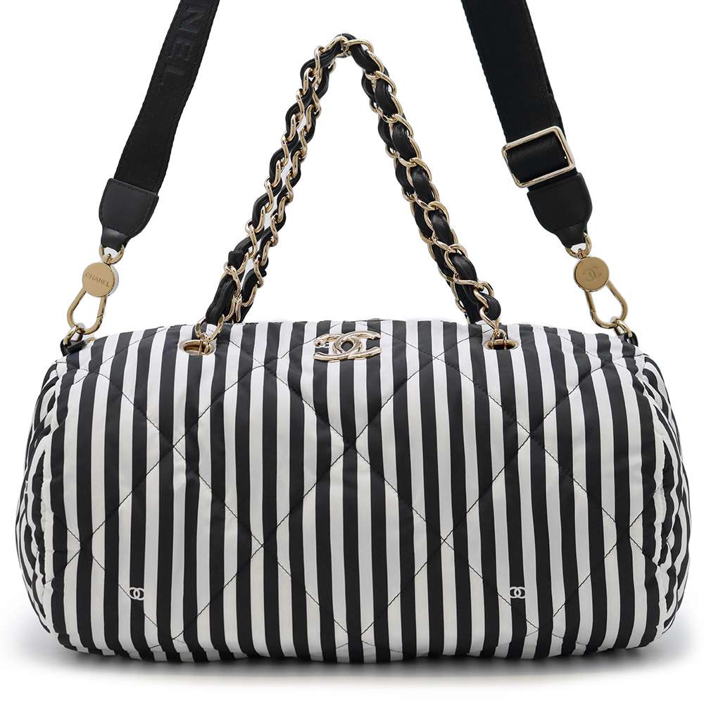 Chanel Striped 2WAY Bowling Bag White/Black AS4696 Nylon Size Large