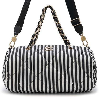 Chanel Striped 2WAY Bowling Bag White/Black AS4696 Nylon Size Large