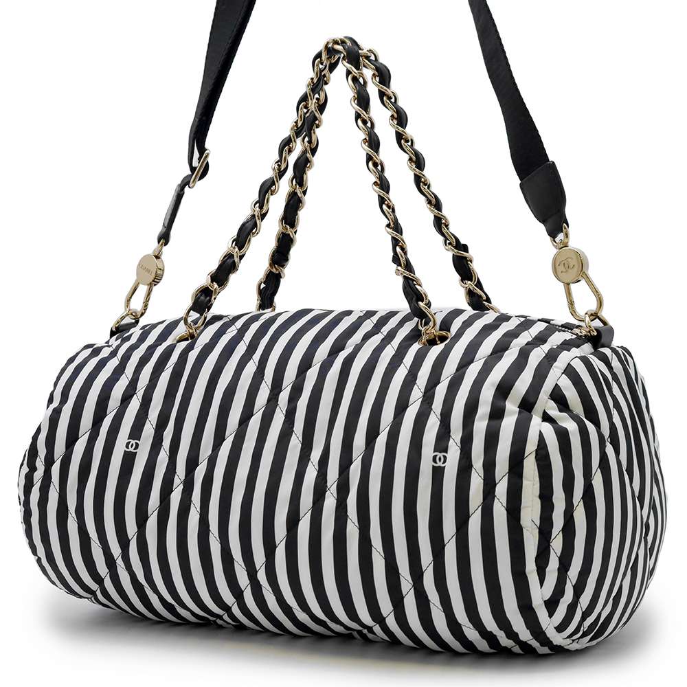 Chanel Striped 2WAY Bowling Bag White/Black AS4696 Nylon Size Large