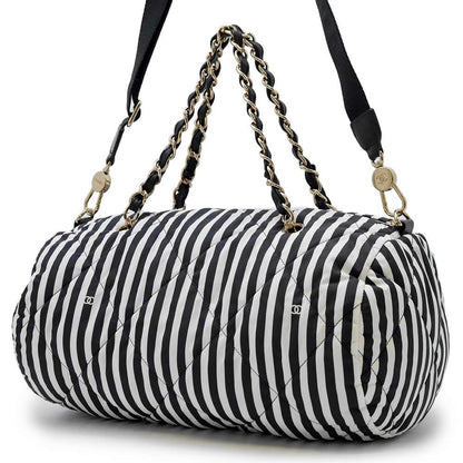 Chanel Striped 2WAY Bowling Bag White/Black AS4696 Nylon Size Large