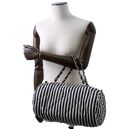 Chanel Striped 2WAY Bowling Bag White/Black AS4696 Nylon Size Large