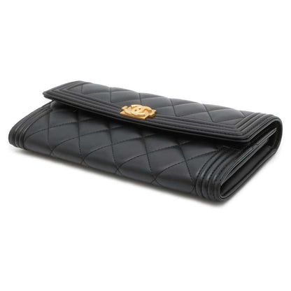 CHANEL Matelasse Boy Chanel Bifold Wallet Long Wealth Cloth Black A80286 Lambskin