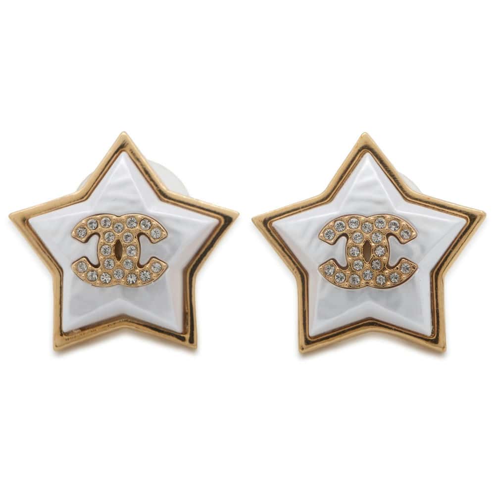 Chanel CC Logo Star Earrings Gold/White ABC401 Metal Rhinestone