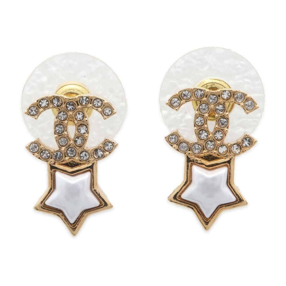 Chanel CC Logo Star Earrings White/Gold ABC823 Metal Rhinestone