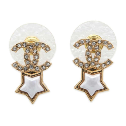 Chanel CC Logo Star Earrings White/Gold ABC823 Metal Rhinestone