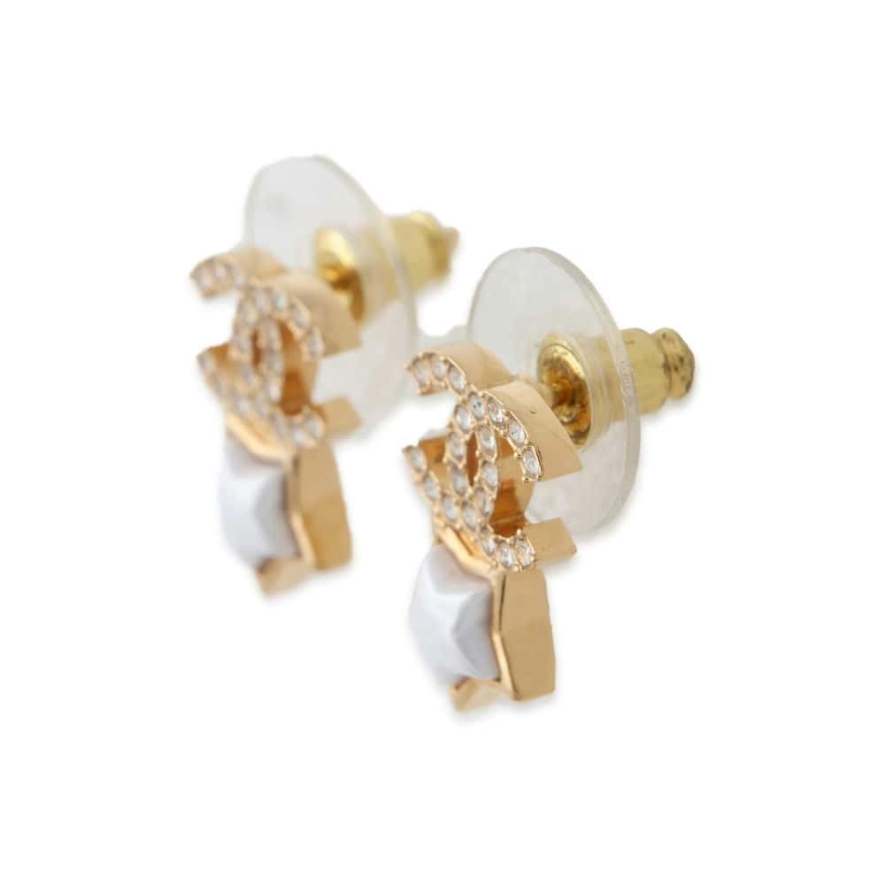 Chanel CC Logo Star Earrings White/Gold ABC823 Metal Rhinestone