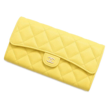 CHANEL Matelasse Classic Long Flap Wallet Yellow AP0241 Caviar Leather