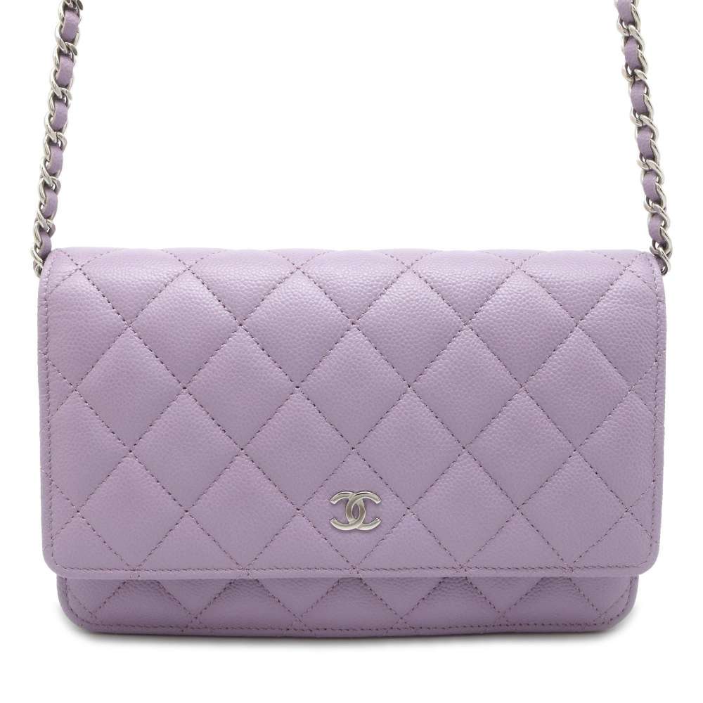 CHANEL Classic Matelasse CC Logo Chain Wallet Light Purple AP0250 Caviar Leather