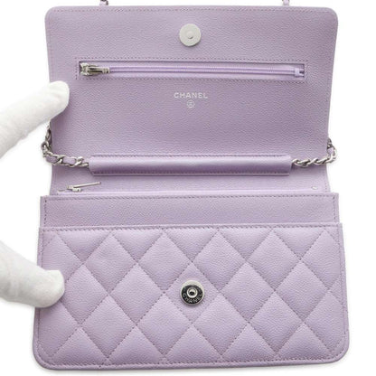 CHANEL Classic Matelasse CC Logo Chain Wallet Light Purple AP0250 Caviar Leather