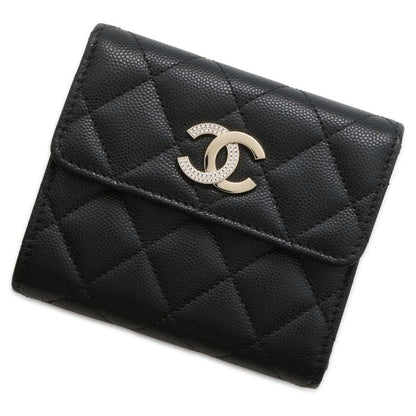 CHANEL Matelasse Rhinestone CC Logo Tri-Fold Wallet Black AP4175 Caviar Leather