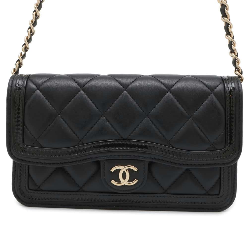 Chanel Matelasse Chain Phone Case Black AP3559 Lambskin Patent Leather