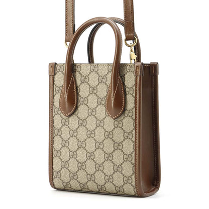 GUCCI Interlocking G 2WAY Mini Tote Bag Beige/Brown 671623 GG SupremeCanvas Leather