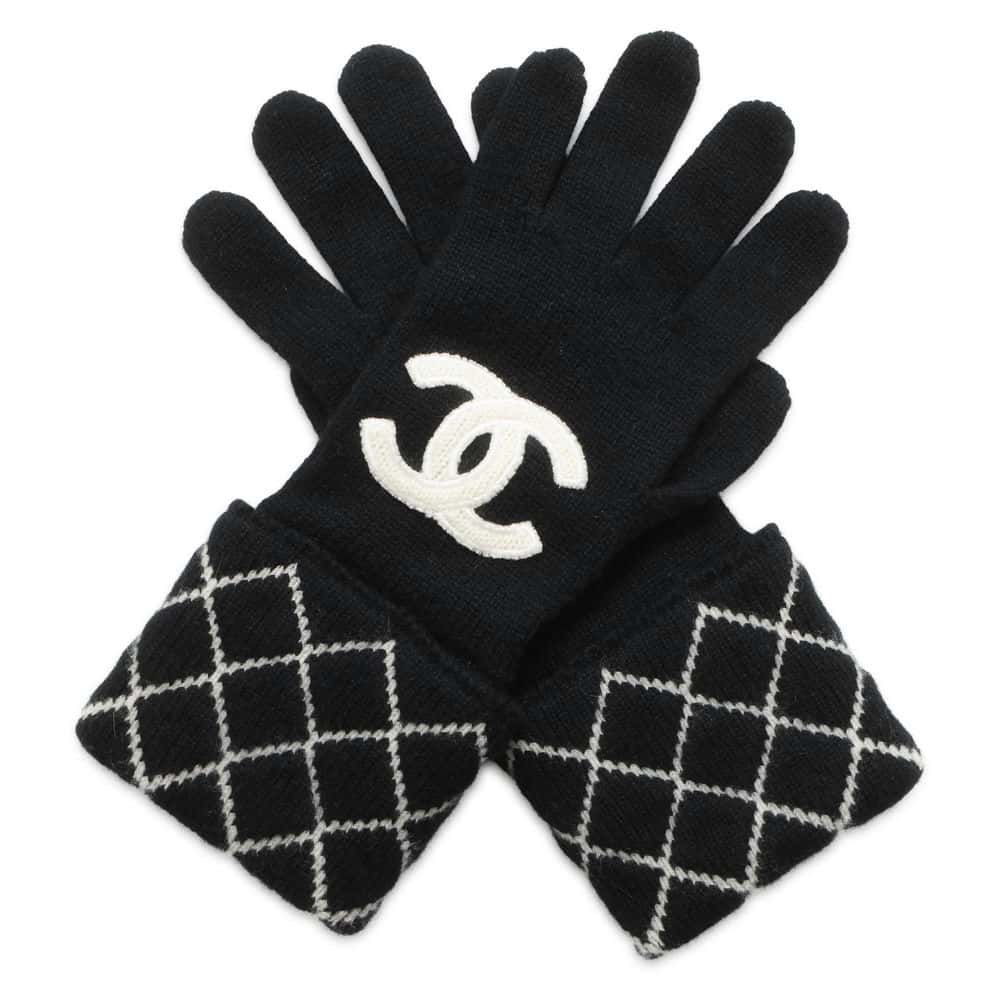 Chanel Matelasse CC Logo Gloves Size 11" Black/White Cashmere96% Polyamide4%