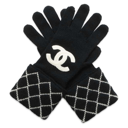 Chanel Matelasse CC Logo Gloves Size 11" Black/White Cashmere96% Polyamide4%