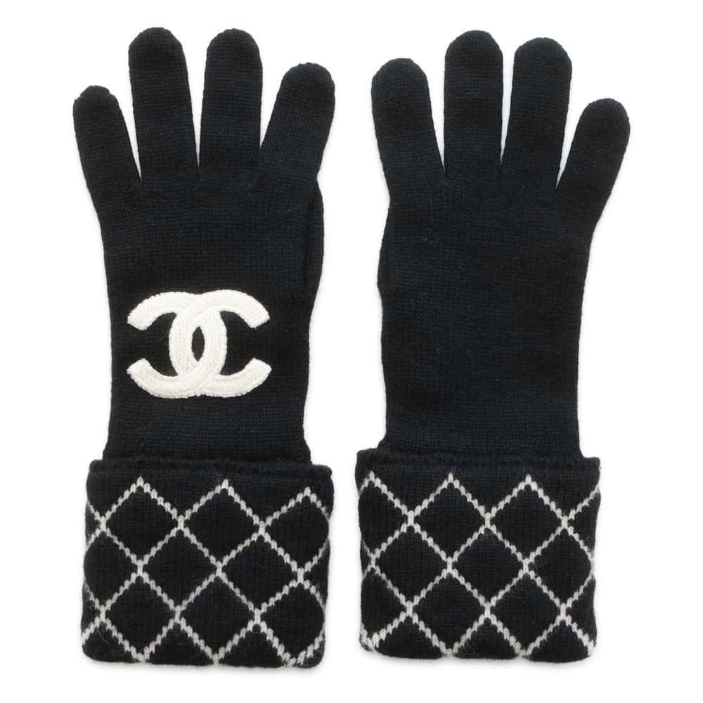 Chanel Matelasse CC Logo Gloves Size 11" Black/White Cashmere96% Polyamide4%