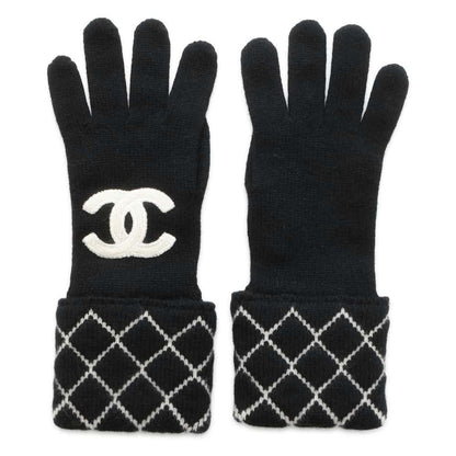 Chanel Matelasse CC Logo Gloves Size 11" Black/White Cashmere96% Polyamide4%