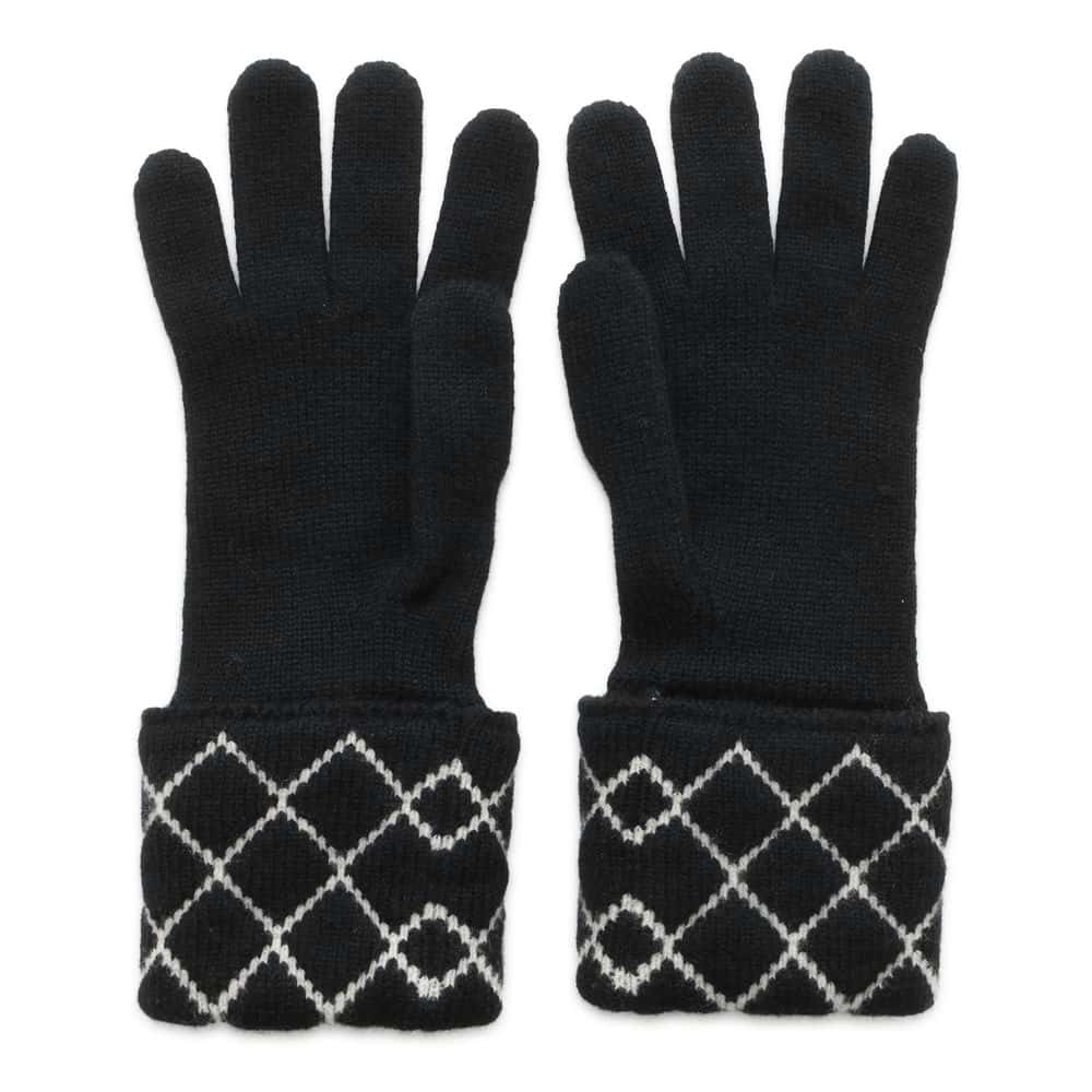 Chanel Matelasse CC Logo Gloves Size 11" Black/White Cashmere96% Polyamide4%