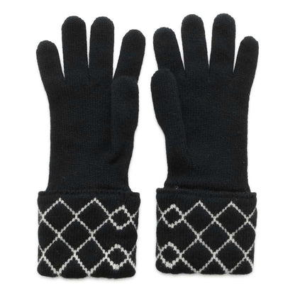 Chanel Matelasse CC Logo Gloves Size 11" Black/White Cashmere96% Polyamide4%