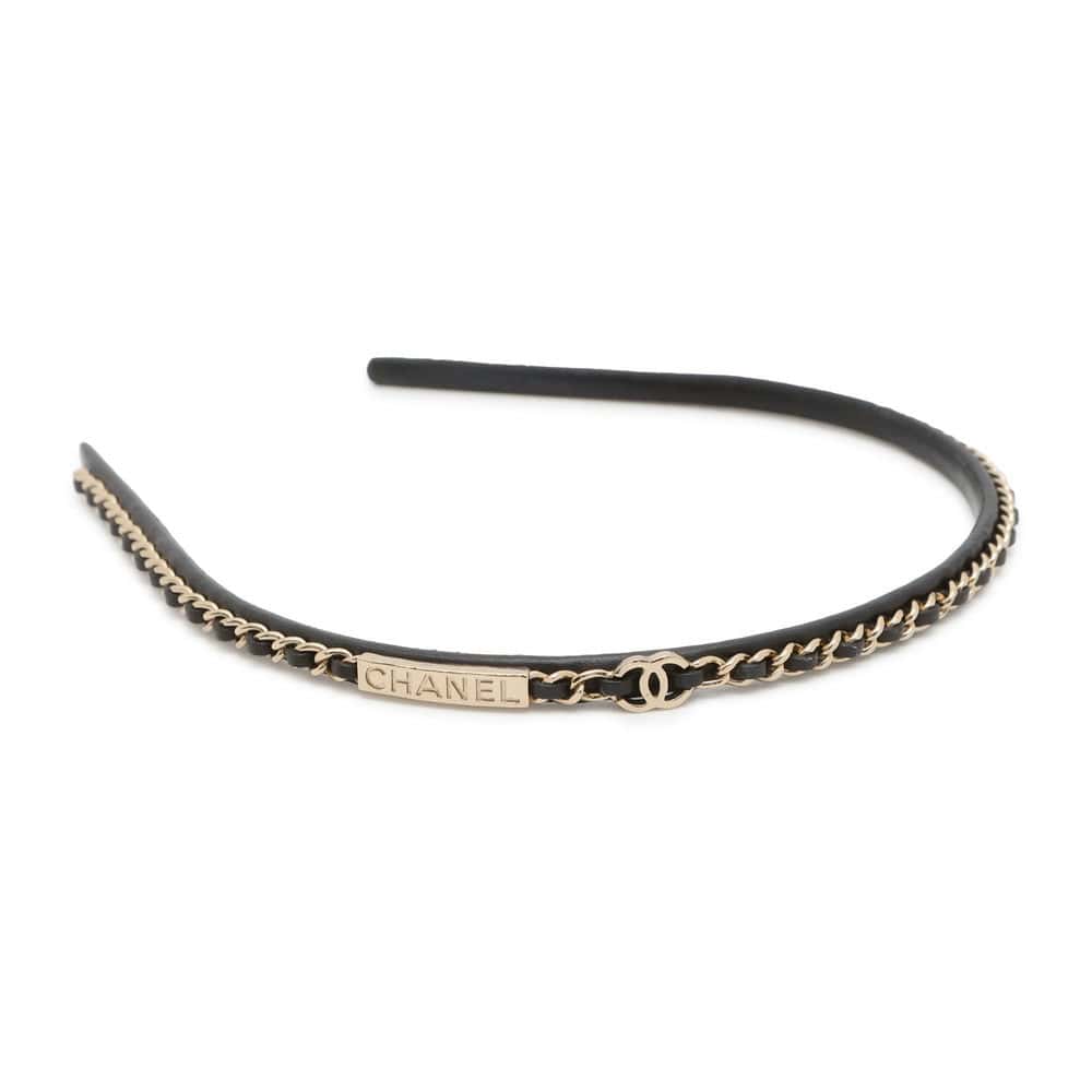 Chanel CC Logo Chain Headband Black Leather