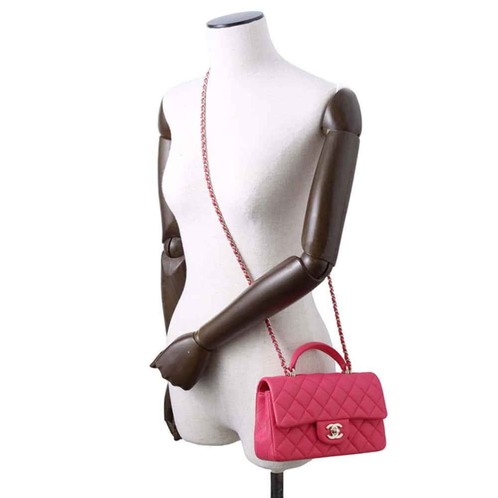 Chanel Top Handle Mini Flap Bag Pink AS2431 Lambskin Size 20