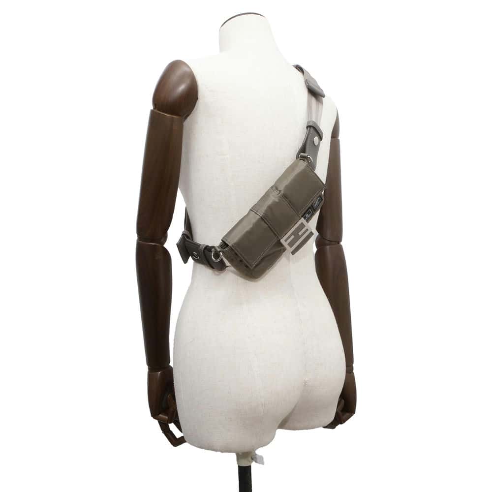 FENDI Porter 25th Anniversary Collaboration Bucket Phone Case 3way Crossbody Bag Khaki 7AS138 Nylon Leather Size Mini