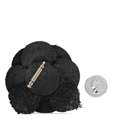 Tweed Fabric Camellia Pin Brooch Black